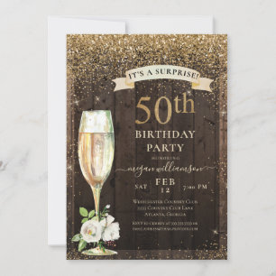 Invitation Rustique Bois Or Floral Surprise 50e anniversaire