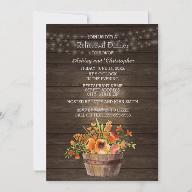 Invitation Rustique Bois Orange Fleurs Mariage (Devant)