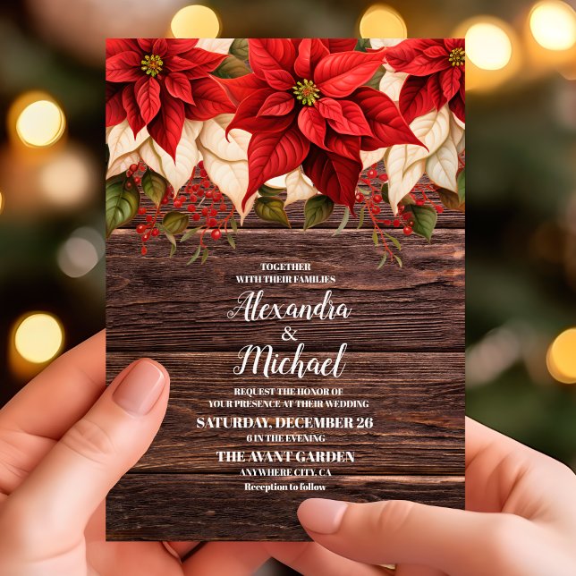 Invitation Rustique Bois Poinsettia Floral Mariage de Noël (Créateur téléchargé)