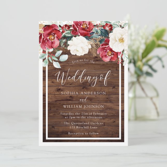 Invitation Rustique Bois Romantique Rouge Floral Mariage (Debout devant)