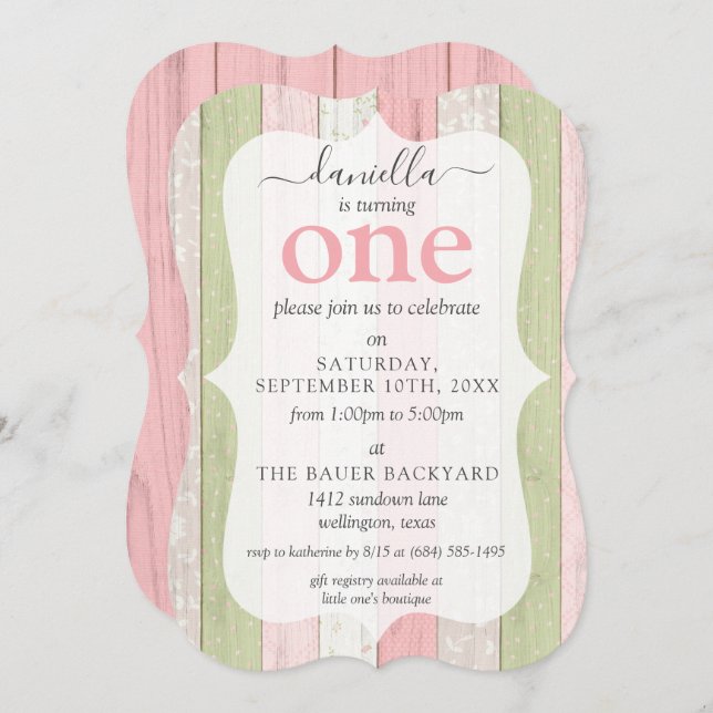 Invitation Rustique Bois rose et vert Custom Age fête d'anniv (Devant / Derrière)