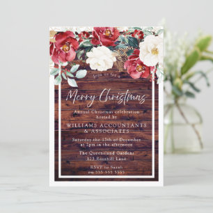 Invitation Rustique Bois Rouge Blanc Floral Joyeux Noël