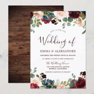 Invitation Rustique Bois Rouge Bourgogne Mariage Floral Invit