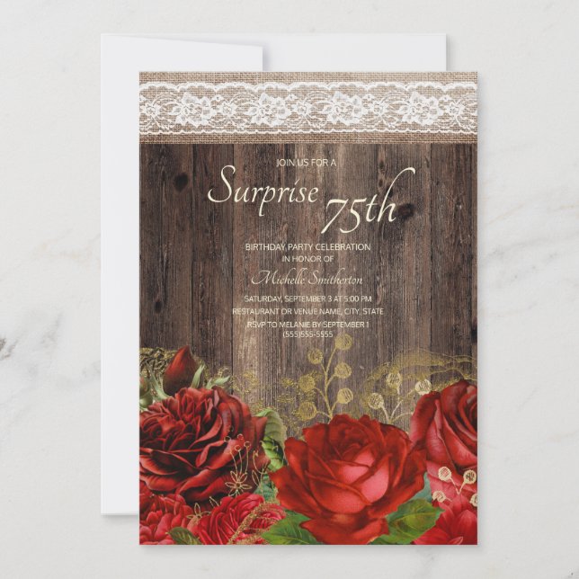 Invitation Rustique Bois Rouge Or Fleurs Toile de Jute Surpri (Devant)