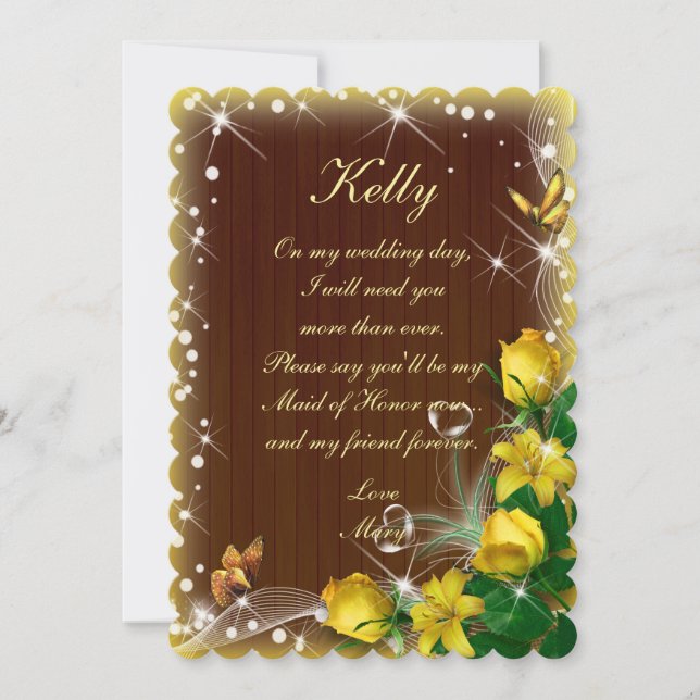 Invitation Rustique Bois Sombre Jaune Floral Maid Of Honor (Devant)