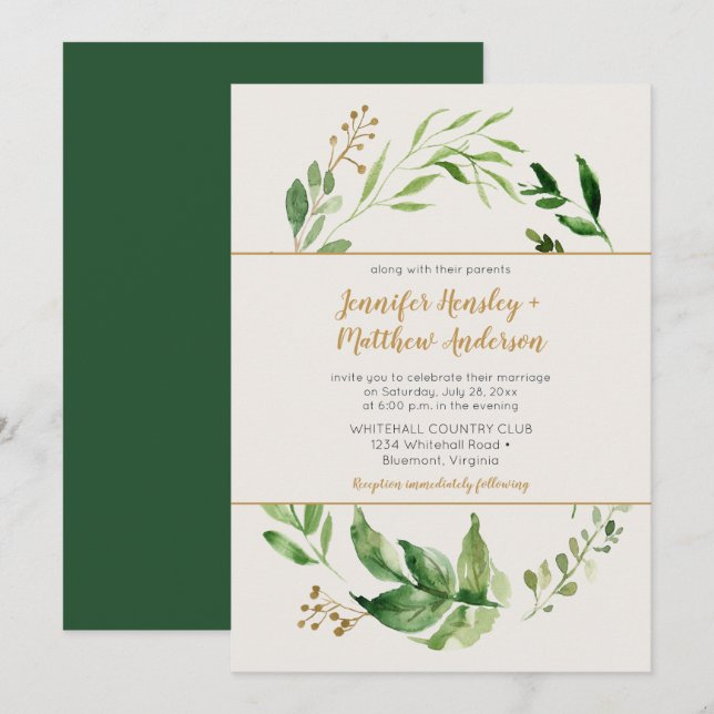 Invitation Rustique Botanique Verdure Wreath Gold Buds Mariag (Devant / Derrière)
