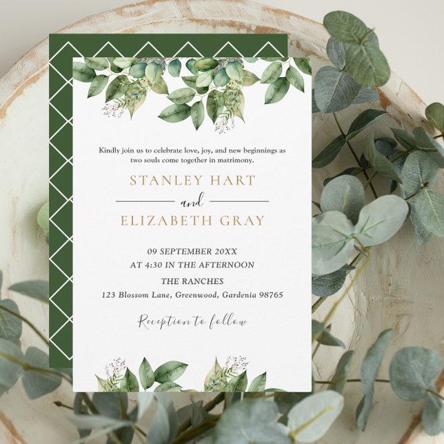 Invitation Rustique Botanique Vert & Or Mariage Foliage (Créateur téléchargé)