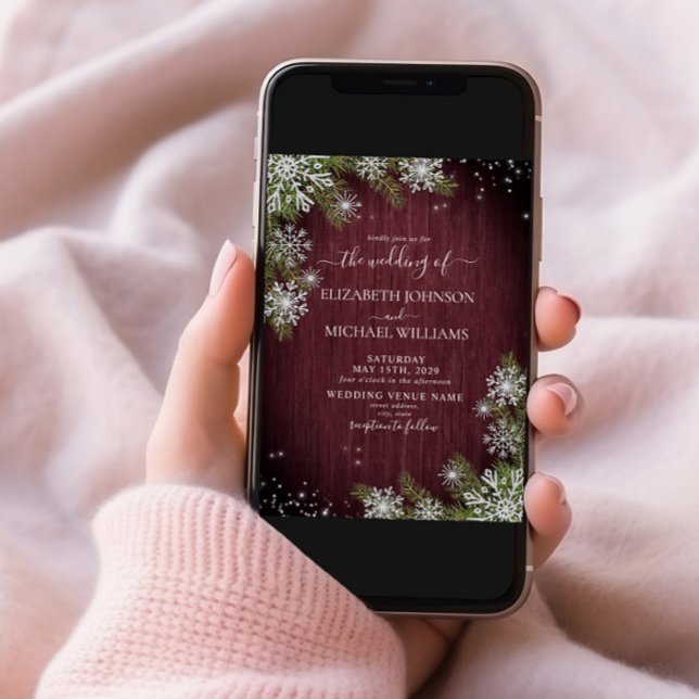 Invitation Rustique Bourgogne Argent Hiver Mariage à platine  (Créateur téléchargé)