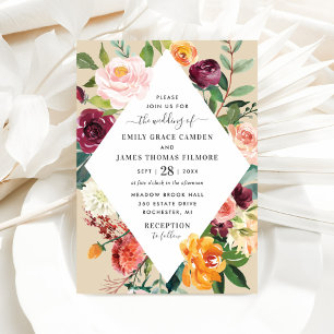 Invitation Rustique Bourgogne Automne Floral Diamond Mariage