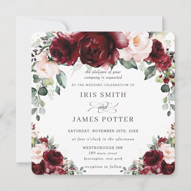 Invitation Rustique Bourgogne Blush Floral Rose Carré Mariage (Devant)