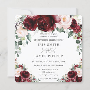 Invitation Rustique Bourgogne Blush Floral Rose Carré Mariage