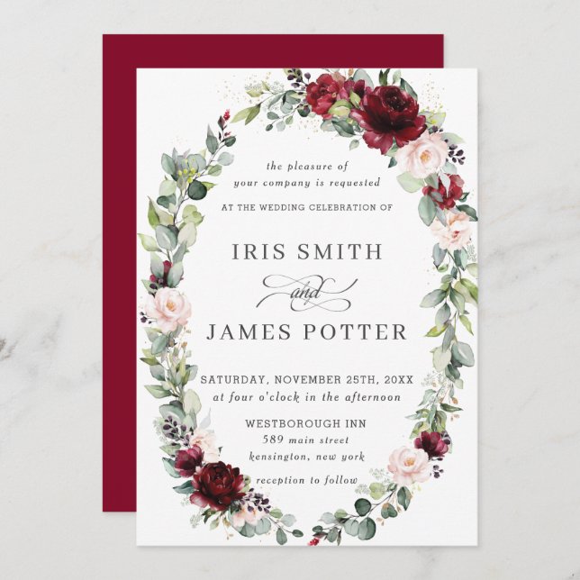 Invitation Rustique Bourgogne Blush Floral Wreath Mariage (Devant / Derrière)