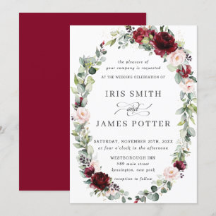 Invitation Rustique Bourgogne Blush Floral Wreath Mariage