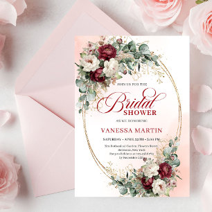 Invitation Rustique bourgogne et fleurs blanches dorées pour