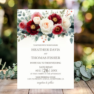 Invitation Rustique Bourgogne et Mariage floral blanc