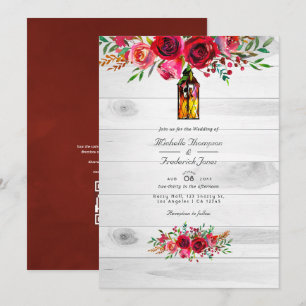 Invitation Rustique Bourgogne et rose Floral QR Code Mariage