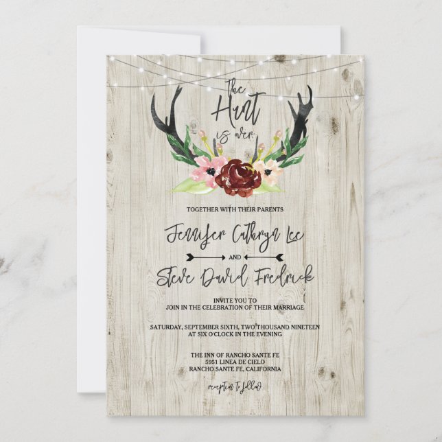 Invitation Rustique Bourgogne Floral Antler Hunt est au-dessu (Devant)