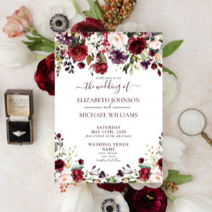 Invitation Rustique Bourgogne Floral Aquarelle Mariage Script