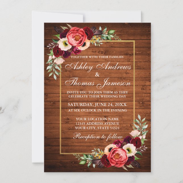 Invitation Rustique Bourgogne Floral Boho Mariage Inviter (Devant)