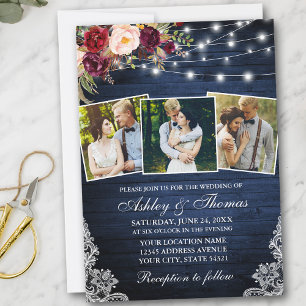 Invitation Rustique Bourgogne Floral Lights 3 Mariage photo