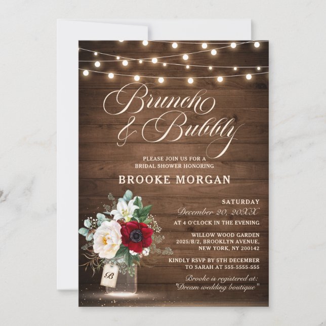 Invitation Rustique Bourgogne Floral Mason Jar Brunch et Bubb (Devant)