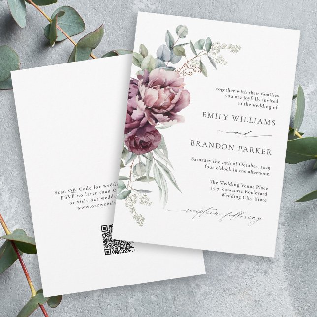 Invitation Rustique Bourgogne Floral QR Code Mariage de autom (Available in both printed and instant download digital formats.)