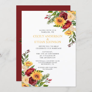 Invitation Rustique Bourgogne Floral Yellow Sunflowers Mariag