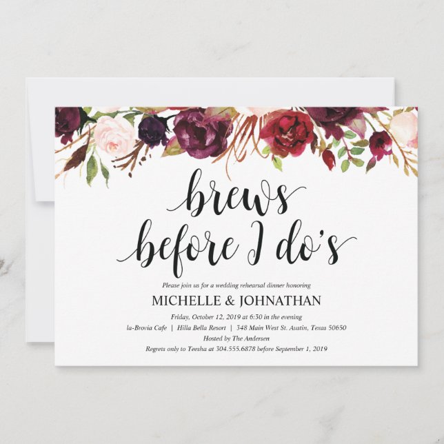 Invitation Rustique Bourgogne Mariage Dîner de répétition Inv (Devant)