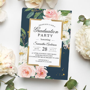 Invitation Rustique Bourgogne Marine Bleu & Pink Floral Gold