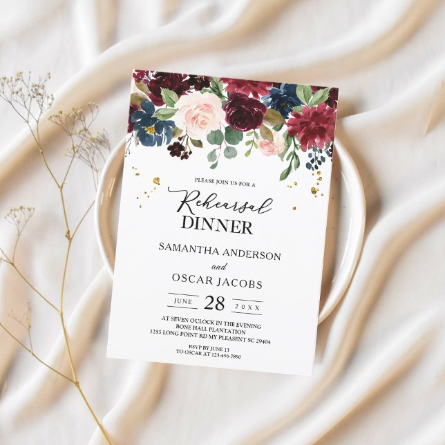 Invitation Rustique Bourgogne Marine Bleu & Rouge Beauté Fleu (Créateur téléchargé)