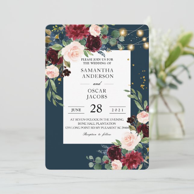 Invitation Rustique Bourgogne Marine Bleu & Rouge Fleurs & Lu (Debout devant)
