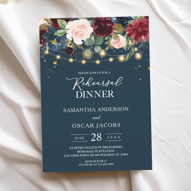 Invitation Rustique Bourgogne Marine Bleu & Rouge Fleurs & Lu (Créateur téléchargé)