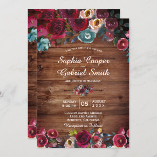 Invitation Rustique Bourgogne Marine Floral Mariage de bois
