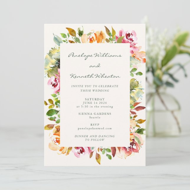 Invitation Rustique Bourgogne Pays Mariage Floral Tout en un (Debout devant)