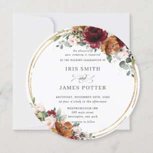 Invitation Rustique Bourgogne rouille Floral or Mariage