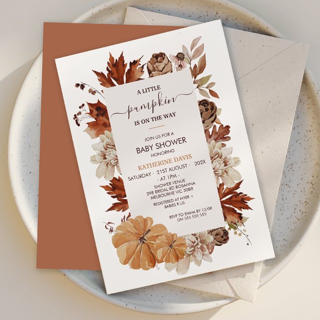 Invitation Rustique Brown Automne Petit Baby shower Citrouill (Rustic Little Pumpkin baby Shower Invitation Template, Fall Baby Shower Invitation, Gender Neutral)