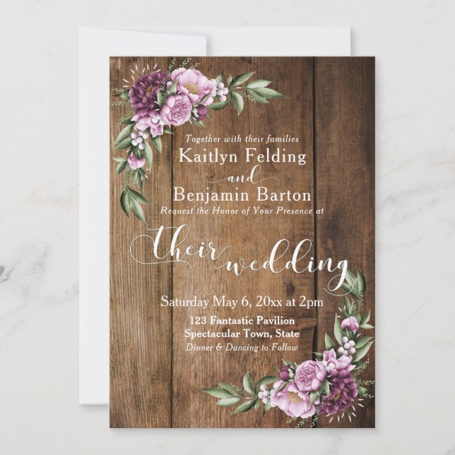 Invitation Rustique Brown Bois Pink Peonies Bouquet Mariage (Devant)