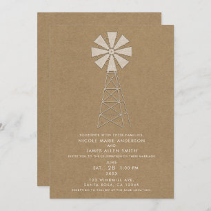Invitation Rustique Brown Kraft Windmill Mariage moderne