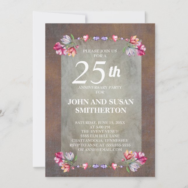 Invitation Rustique Brown rose violet floral 25e anniversaire (Devant)