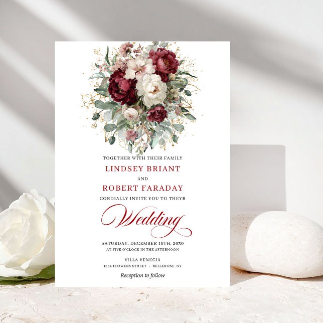 Invitation Rustique Burgundy Blanc Floral Eucalyptus Or Maria (Rustic Burgundy White Floral Eucalyptus Gold Wedding Invite)