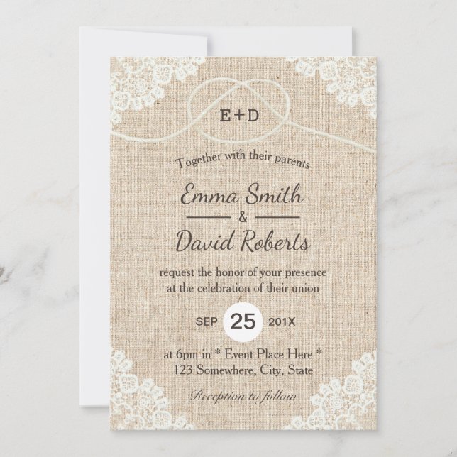 Invitation Rustique Burlap Blanc Laced corde Mariage de noeud (Devant)