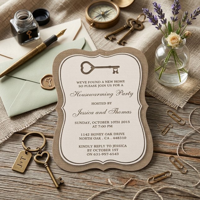 Invitation Rustique Burlap Coeur Clé Nouveau Accueil Réchauff (Créateur téléchargé)
