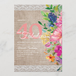 Invitation Rustique Burlap dentelle rose bleu floral 40e anni