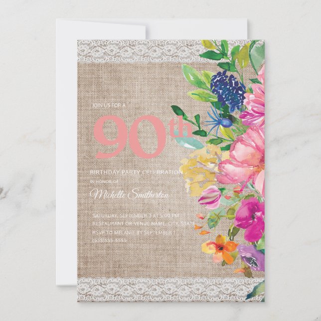 Invitation Rustique Burlap dentelle rose bleu floral 90e anni (Devant)