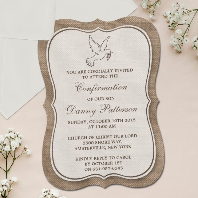 Invitation Rustique Burlap Dove Sainte Communion Ou Confirmat (Créateur téléchargé)