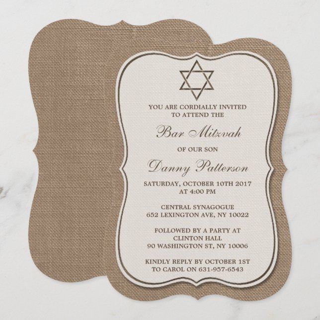 Invitation Rustique Burlap Étoile Juive De David Bar Mitzvah (Devant / Derrière)
