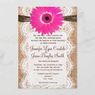 Invitation Rustique Burlap Lace Hot Rose Daisy Wedding Invite