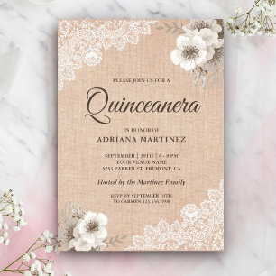 Invitation Rustique Burlap Lace ivoire Floral Quinceanera