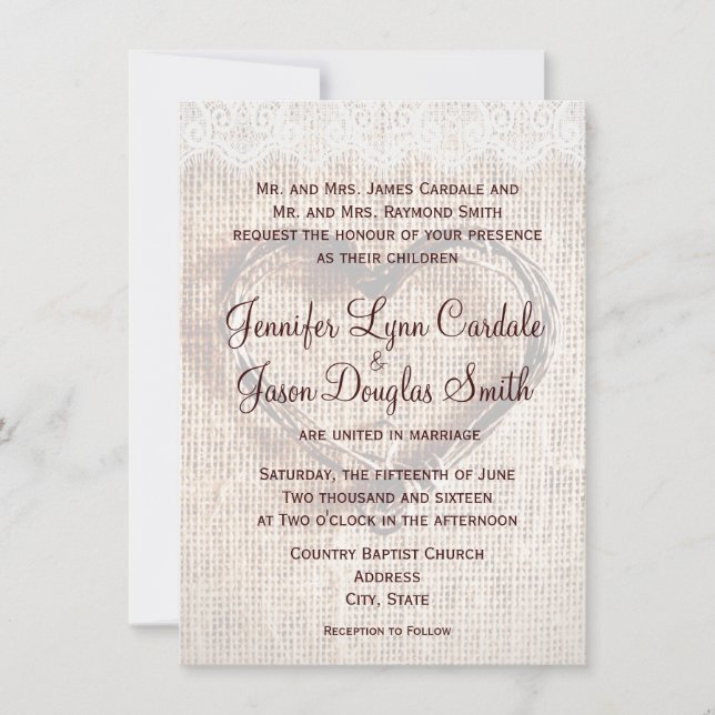 Invitation Rustique Burlap Lace Twine Coeur Mariage Invitatio (Devant)