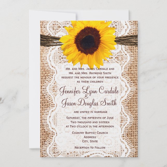 Invitation Rustique Burlap Lace Twine Sunflower Wedding Invit (Devant)